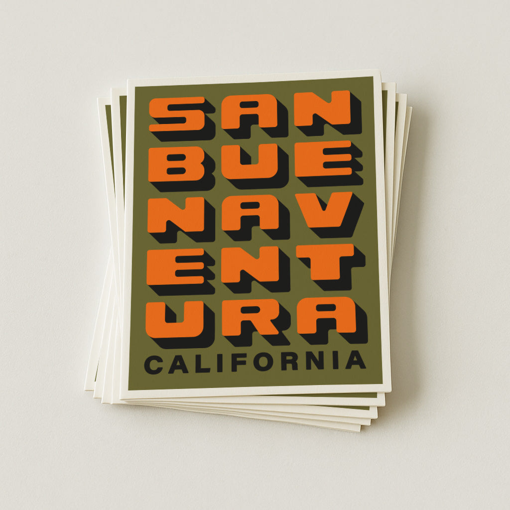 Ventura California - Green + Orange - Block Letter Print