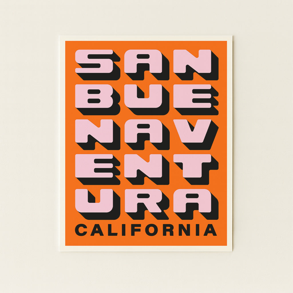 Ventura California - Orange + Pink - Block Letter Print