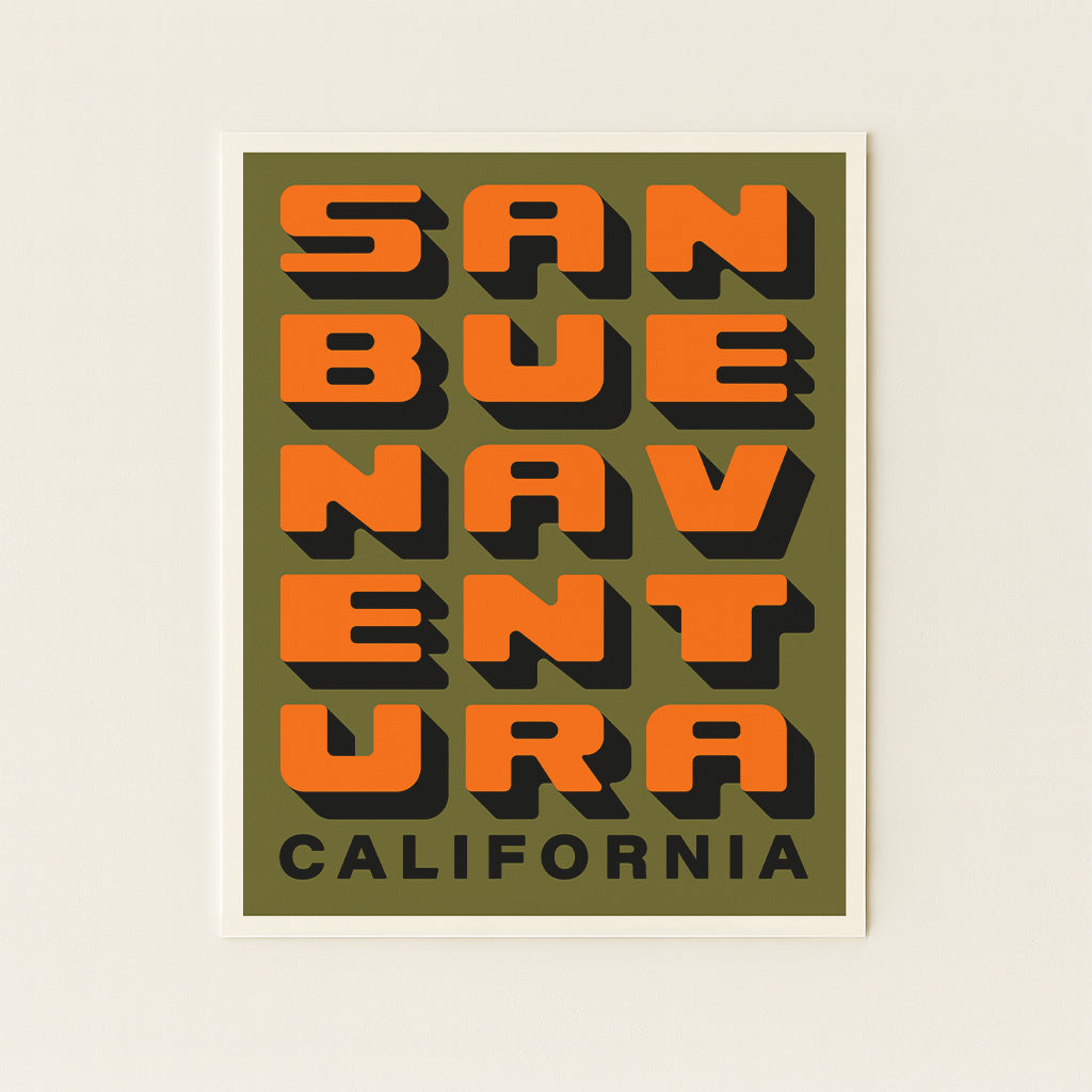 Ventura California - Green + Orange - Block Letter Print