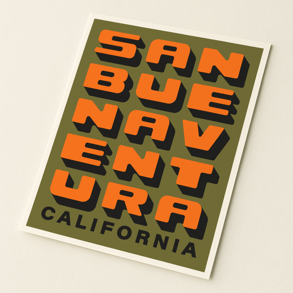Ventura California - Green + Orange - Block Letter Print